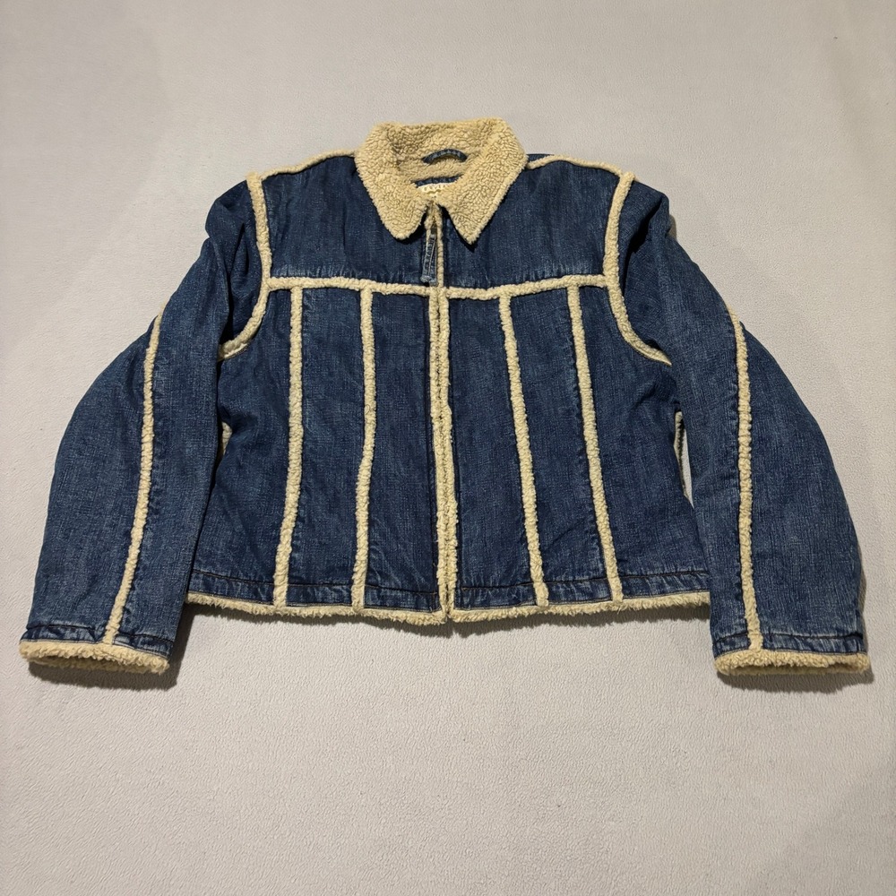 Wrangler Womens XL Blue Denim Sherpa Lined Paneled Zip Up Jacket Western